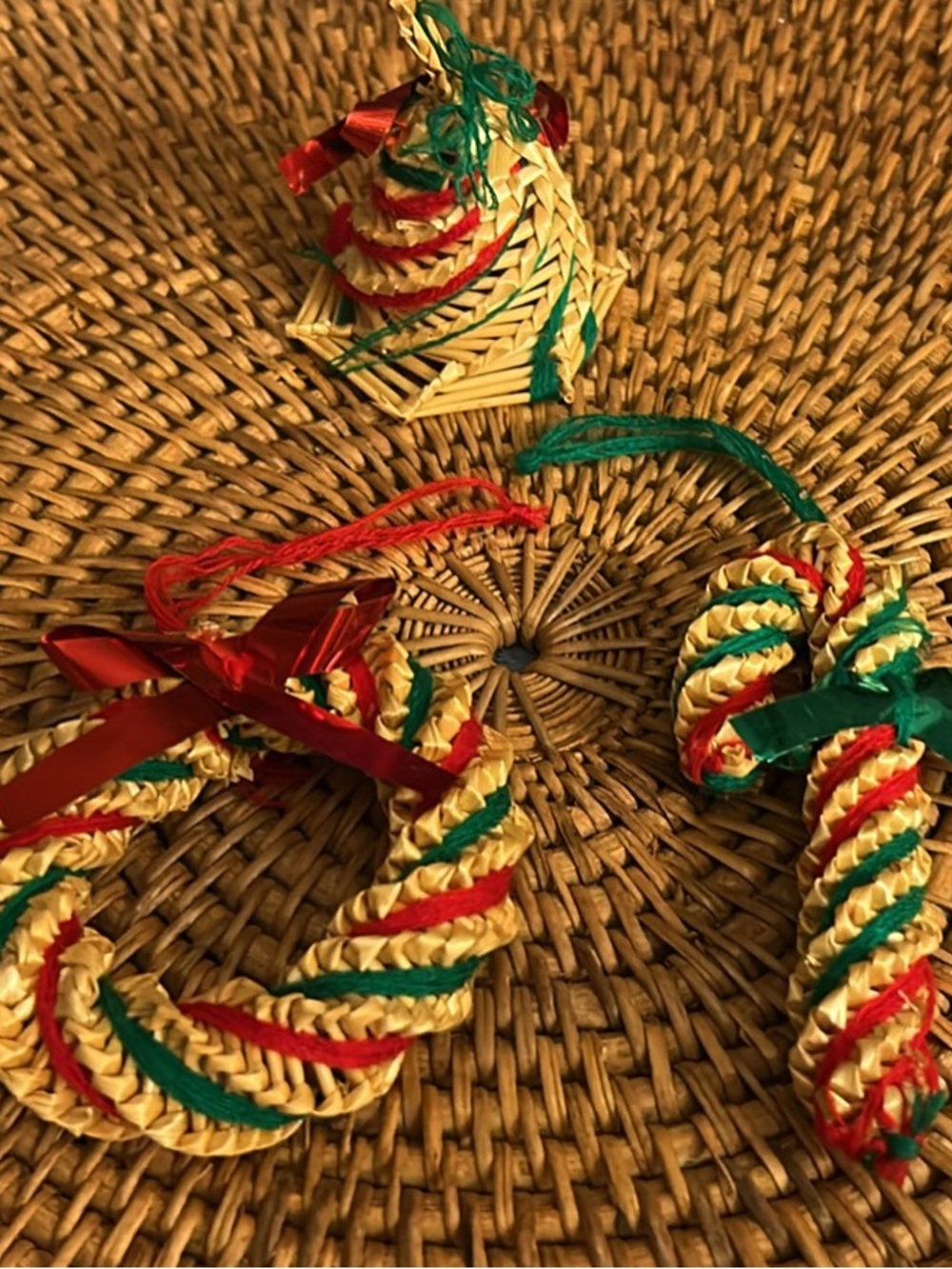 Handwoven Holiday Ornaments Set - Red, Green, Natural Straw